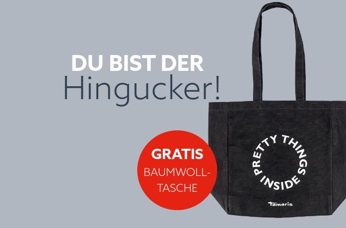 Werbefoto, das eine schwarze Tragetasche mit dem Schriftzug „Pretty Things Inside“ zeigt, sowie ein Tamaris-Angebot für Newsletter-Abonnenten bewirbt.